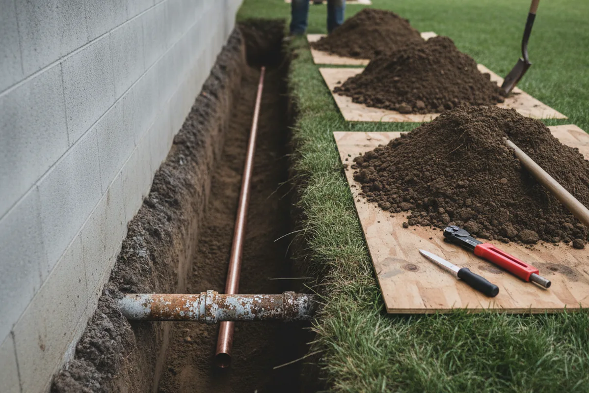 Excavated water line trench during Water Softener Installation in Grayson